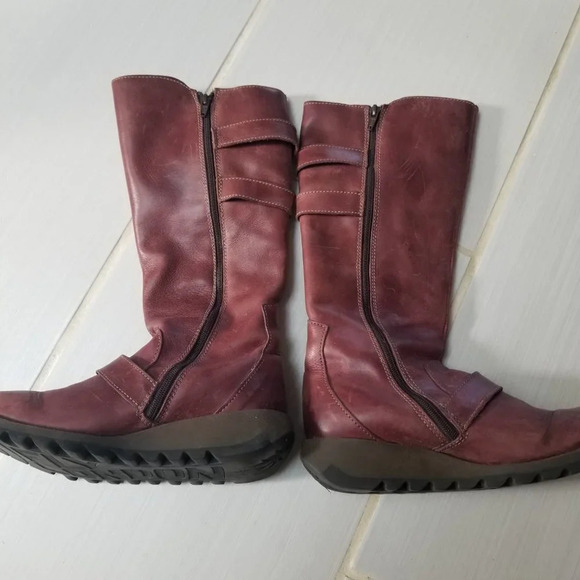 Fly London Mes 2 Petrol Leather Low Wedge  Calf Boots Purple 37 - Picture 14 of 15